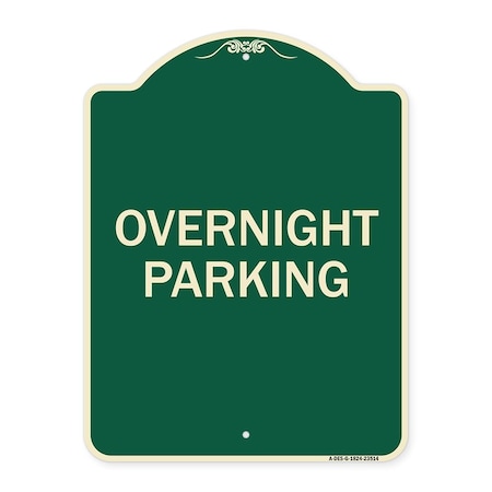Signmission Designer Series Overnight Parking, Green & Tan Heavy-Gauge Aluminum Sign, 24" x 18", G-1824-23514 A-DES-G-1824-23514